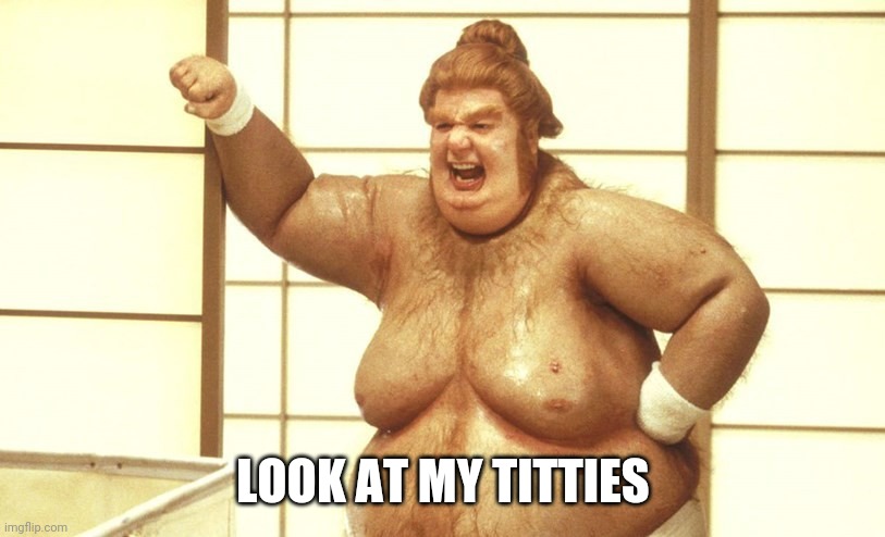 Man Boobs | LOOK AT MY TITTIES | image tagged in man boobs | made w/ Imgflip meme maker