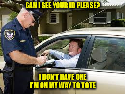 traffic stop | CAN I SEE YOUR ID PLEASE? I DON'T HAVE ONE I'M ON MY WAY TO VOTE | image tagged in traffic stop | made w/ Imgflip meme maker