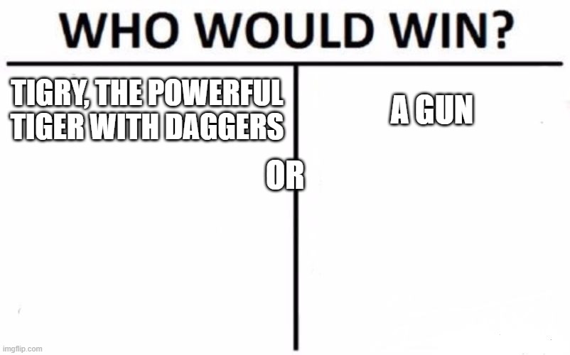 Who Would Win? Meme | TIGRY, THE POWERFUL TIGER WITH DAGGERS; A GUN; OR | image tagged in memes,who would win | made w/ Imgflip meme maker