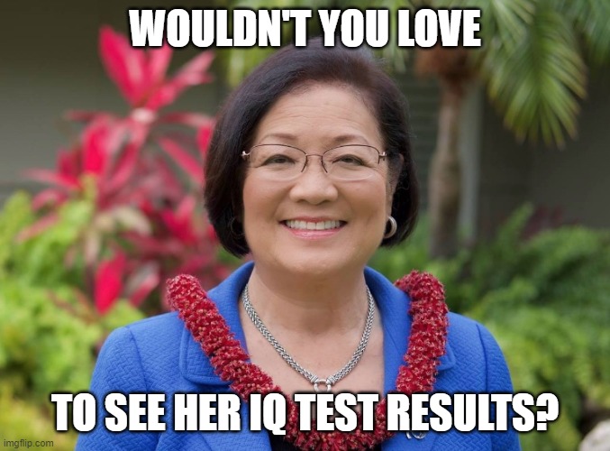 Tell Me How Bright Liberals Are Again (part 4) |  WOULDN'T YOU LOVE; TO SEE HER IQ TEST RESULTS? | image tagged in mazie hirono,democrat,dimwit,liberal,senator,politician | made w/ Imgflip meme maker