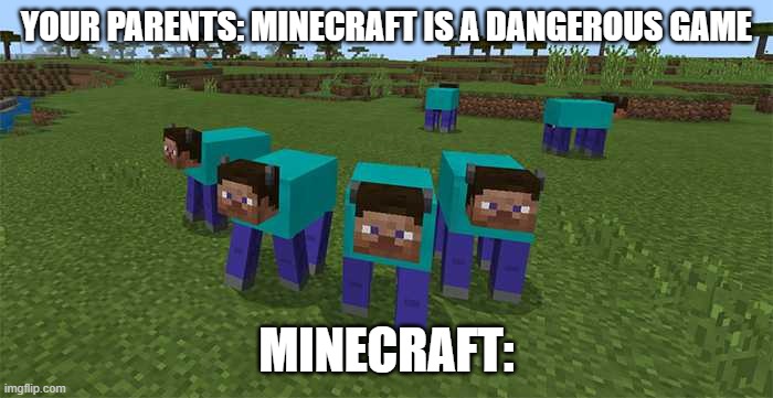 Minecreft | YOUR PARENTS: MINECRAFT IS A DANGEROUS GAME; MINECRAFT: | image tagged in me and the boys,minecraft,herobrine | made w/ Imgflip meme maker