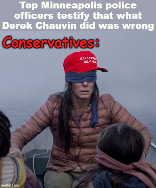 The Blue Wall of Silence broke! So where does that testimony leave #BlueLivesMatter folks? | Top Minneapolis police officers testify that what Derek Chauvin did was wrong; Conservatives: | image tagged in maga bird box,george floyd,conservative logic,bird box,blue lives matter,thin blue line | made w/ Imgflip meme maker