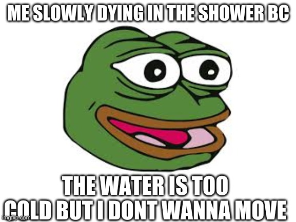 Slow Death | ME SLOWLY DYING IN THE SHOWER BC; THE WATER IS TOO COLD BUT I DONT WANNA MOVE | image tagged in sad pepe the frog,death,freezing cold | made w/ Imgflip meme maker