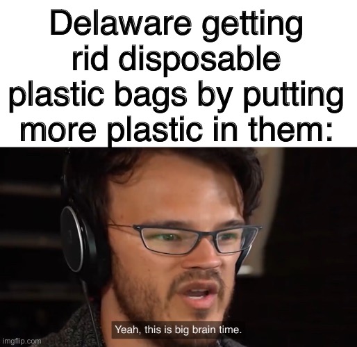 Yeah, this is big brain time | Delaware getting rid disposable plastic bags by putting more plastic in them: | image tagged in yeah this is big brain time | made w/ Imgflip meme maker