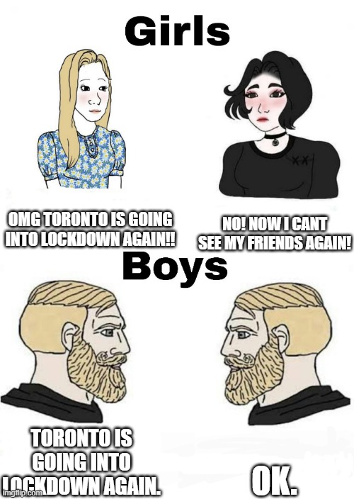 Toronto Lockdown | OMG TORONTO IS GOING INTO LOCKDOWN AGAIN!! NO! NOW I CANT SEE MY FRIENDS AGAIN! OK. TORONTO IS GOING INTO LOCKDOWN AGAIN. | image tagged in girls vs boys | made w/ Imgflip meme maker