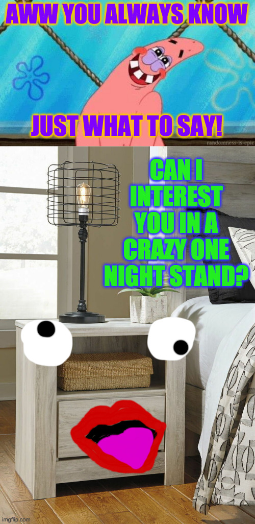 AWW YOU ALWAYS KNOW JUST WHAT TO SAY! CAN I INTEREST YOU IN A CRAZY ONE NIGHT STAND? | image tagged in blushing patrick | made w/ Imgflip meme maker