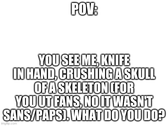 "op" ocs are sorta allowed, as long as it isnt TOO op. | POV:; YOU SEE ME, KNIFE IN HAND, CRUSHING A SKULL OF A SKELETON (FOR YOU UT FANS, NO IT WASN'T SANS/PAPS). WHAT DO YOU DO? | image tagged in blank white template | made w/ Imgflip meme maker