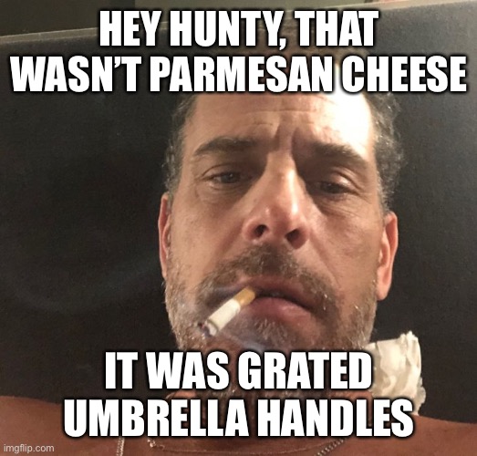 Either way, it reeks! | HEY HUNTY, THAT WASN’T PARMESAN CHEESE; IT WAS GRATED UMBRELLA HANDLES | image tagged in hunter biden | made w/ Imgflip meme maker