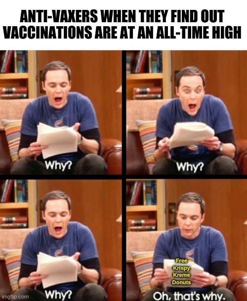 I must admit it's a genius move | ANTI-VAXERS WHEN THEY FIND OUT VACCINATIONS ARE AT AN ALL-TIME HIGH; Free Krispy Kreme Donuts | image tagged in oh that's why | made w/ Imgflip meme maker