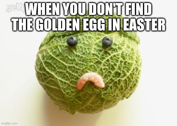 Easter Hunting Be Like | WHEN YOU DON'T FIND THE GOLDEN EGG IN EASTER | image tagged in sad cabbage | made w/ Imgflip meme maker