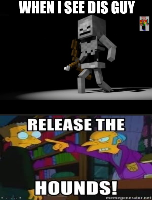 :-| | WHEN I SEE DIS GUY | image tagged in minecraft skeloton,mr burns realised the hounds | made w/ Imgflip meme maker