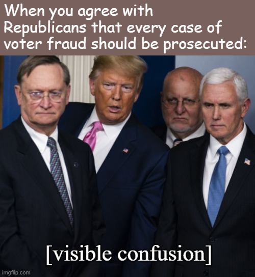 [Try this pro gamer move next time you're in politics] | When you agree with Republicans that every case of voter fraud should be prosecuted: | image tagged in republicans visible confusion,voter fraud,election fraud,fraud,2020 elections,visible confusion | made w/ Imgflip meme maker