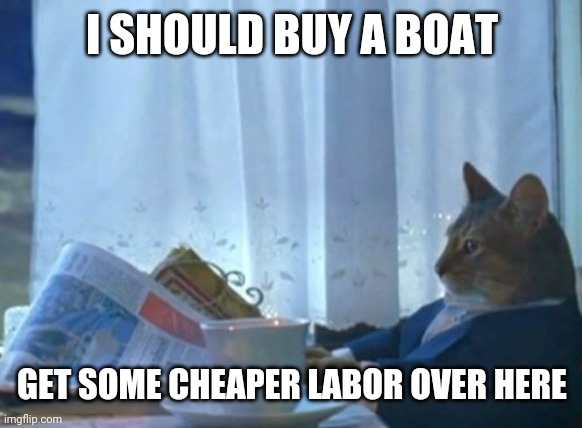 I Should Buy A Boat Cat | I SHOULD BUY A BOAT; GET SOME CHEAPER LABOR OVER HERE | image tagged in memes,i should buy a boat cat | made w/ Imgflip meme maker