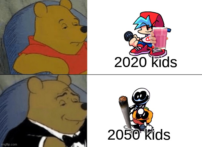 seven year old these days | 2020 kids; 2050 kids | image tagged in memes,tuxedo winnie the pooh | made w/ Imgflip meme maker