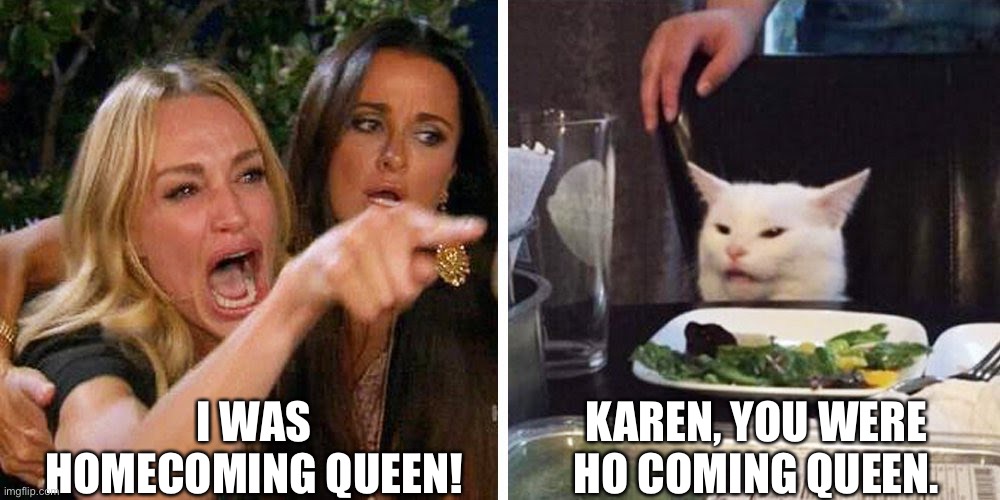 Smudge | I WAS HOMECOMING QUEEN! KAREN, YOU WERE HO COMING QUEEN. | image tagged in smudge the cat | made w/ Imgflip meme maker