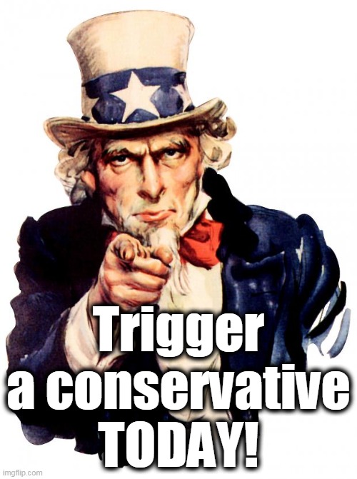 It's your patriotic duty. | Trigger
a conservative
TODAY! | image tagged in memes,uncle sam,trigger,conservative | made w/ Imgflip meme maker
