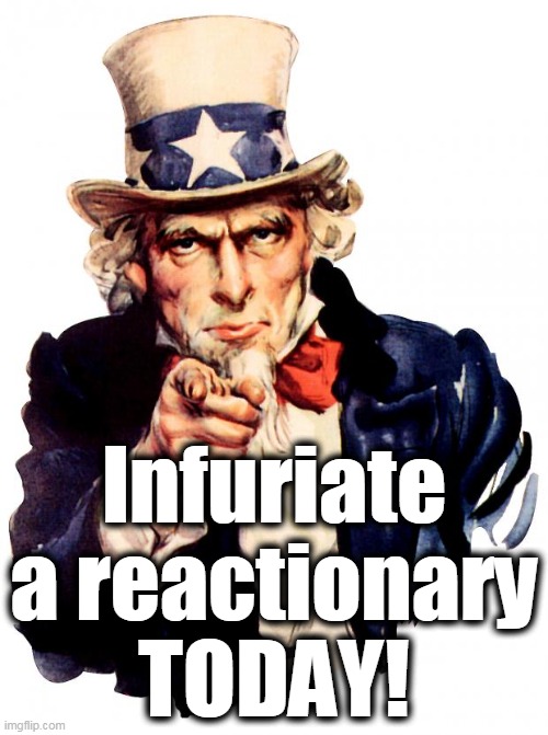 Though they're angry all the time already. They may not notice. | Infuriate
a reactionary
TODAY! | image tagged in memes,uncle sam,fury,right wing | made w/ Imgflip meme maker