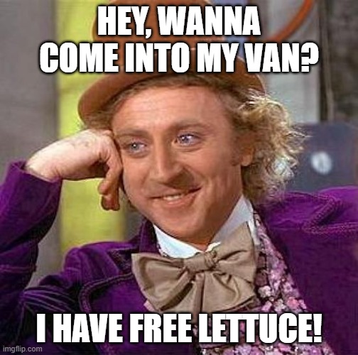Creepy Condescending Wonka Meme | HEY, WANNA COME INTO MY VAN? I HAVE FREE LETTUCE! | image tagged in memes,creepy condescending wonka | made w/ Imgflip meme maker
