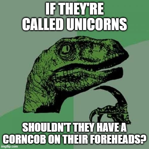 Philosoraptor Meme | IF THEY'RE CALLED UNICORNS; SHOULDN'T THEY HAVE A CORNCOB ON THEIR FOREHEADS? | image tagged in memes,philosoraptor | made w/ Imgflip meme maker