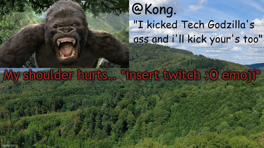 It does indeed hurt.. | My shoulder hurts.. *insert twitch :O emoji* | image tagged in kong 's temp | made w/ Imgflip meme maker