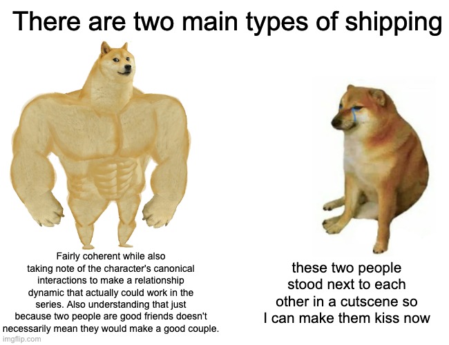 Buff Doge vs. Cheems Meme | There are two main types of shipping; Fairly coherent while also taking note of the character's canonical interactions to make a relationship dynamic that actually could work in the series. Also understanding that just because two people are good friends doesn't necessarily mean they would make a good couple. these two people stood next to each other in a cutscene so I can make them kiss now | image tagged in memes,buff doge vs cheems | made w/ Imgflip meme maker