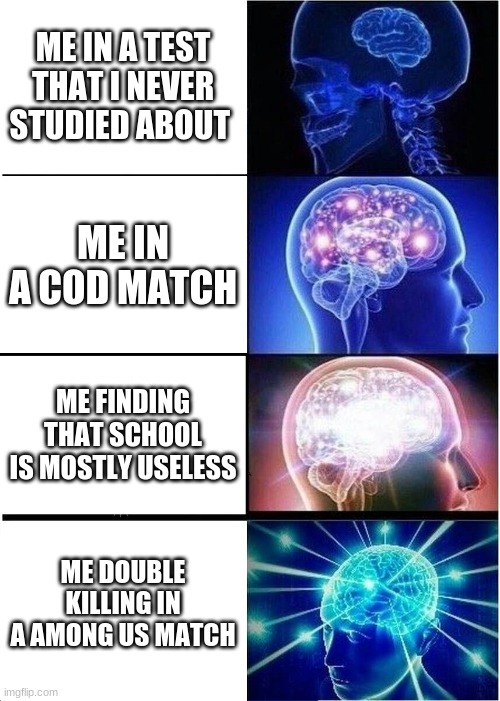 expanding brain | ME IN A TEST THAT I NEVER STUDIED ABOUT; ME IN A COD MATCH; ME FINDING THAT SCHOOL IS MOSTLY USELESS; ME DOUBLE KILLING IN A AMONG US MATCH | image tagged in memes,expanding brain | made w/ Imgflip meme maker