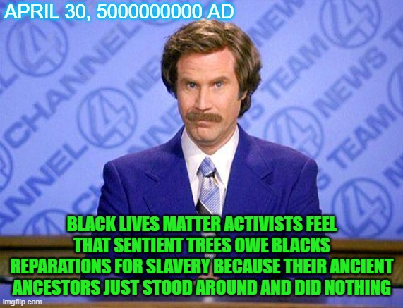 The descendants of any organisms who were present are just as guilty as whitey | APRIL 30, 5000000000 AD; BLACK LIVES MATTER ACTIVISTS FEEL THAT SENTIENT TREES OWE BLACKS REPARATIONS FOR SLAVERY BECAUSE THEIR ANCIENT ANCESTORS JUST STOOD AROUND AND DID NOTHING | image tagged in anchorman news update,memes,black people,slavery,trees,future | made w/ Imgflip meme maker