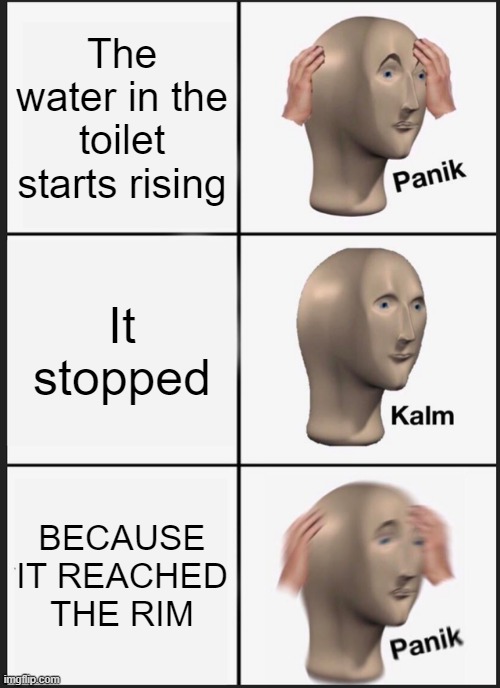 Uh oh... | The water in the toilet starts rising; It stopped; BECAUSE IT REACHED THE RIM | image tagged in memes,panik kalm panik | made w/ Imgflip meme maker