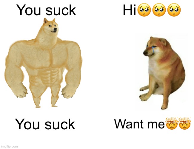 Buff Doge vs. Cheems | You suck; Hi🥺🥺🥺; You suck; Want me🤯🤯 | image tagged in memes,buff doge vs cheems | made w/ Imgflip meme maker