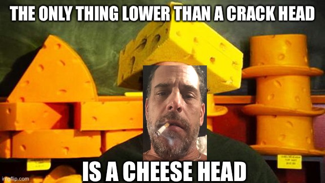 My sincere apologies to Green Bay fans | THE ONLY THING LOWER THAN A CRACK HEAD; IS A CHEESE HEAD | image tagged in loyal cheesehead,cheese head,hunter biden | made w/ Imgflip meme maker