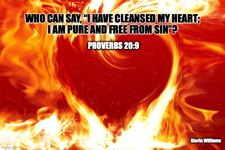 A New Heart! | WHO CAN SAY, “I HAVE CLEANSED MY HEART;
I AM PURE AND FREE FROM SIN”? PROVERBS 20:9; Gloria Williams | image tagged in holy-spirit,new-birth,sealed,heaven-bound | made w/ Imgflip meme maker