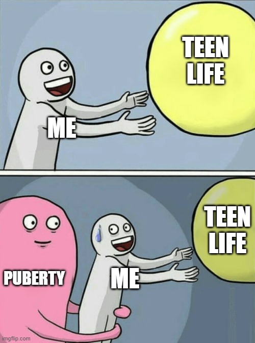 goodbye, childhood wonderland... | TEEN LIFE; ME; TEEN LIFE; PUBERTY; ME | image tagged in memes,running away balloon | made w/ Imgflip meme maker