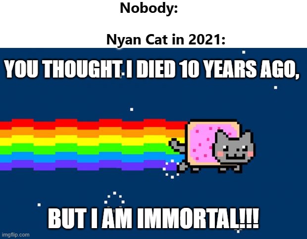 Nyan cat is immortal. | Nobody:                                              Nyan Cat in 2021:; YOU THOUGHT I DIED 10 YEARS AGO, BUT I AM IMMORTAL!!! | image tagged in nyan cat,memes | made w/ Imgflip meme maker