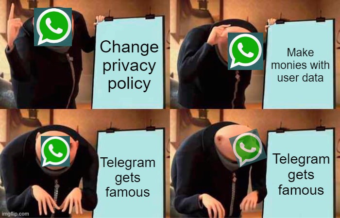 whatsapp's plan | Change privacy policy; Make monies with user data; Telegram gets famous; Telegram gets famous | image tagged in memes,gru's plan | made w/ Imgflip meme maker