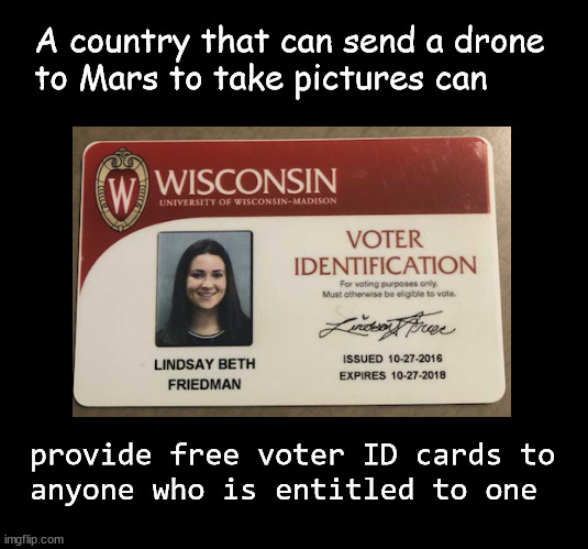 Free voter ID cards |  A country that can send a drone
to Mars to take pictures can; provide free voter ID cards to 
anyone who is entitled to one | image tagged in voter id | made w/ Imgflip meme maker