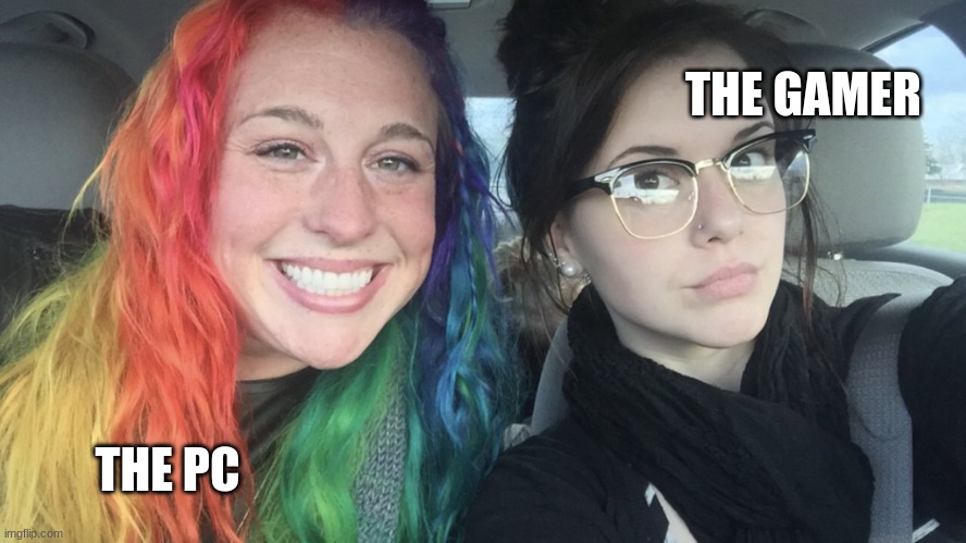 rainbow hair and goth | THE GAMER; THE PC | image tagged in rainbow hair and goth | made w/ Imgflip meme maker