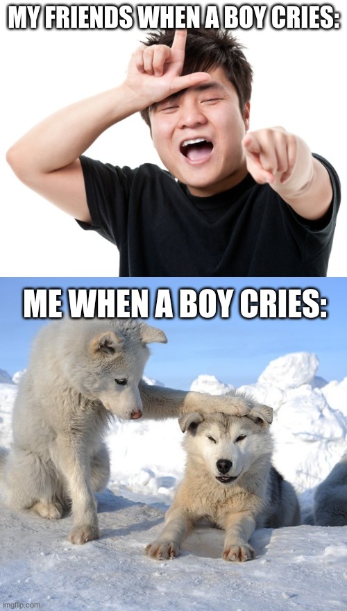 fghjk,lkjhr | MY FRIENDS WHEN A BOY CRIES:; ME WHEN A BOY CRIES: | image tagged in you're a loser,it's ok,hello | made w/ Imgflip meme maker