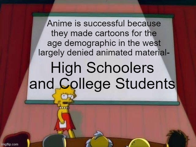 Anime hit that sweet spot | Anime is successful because they made cartoons for the age demographic in the west largely denied animated material-; High Schoolers and College Students | image tagged in lisa simpson's presentation,anime meme | made w/ Imgflip meme maker