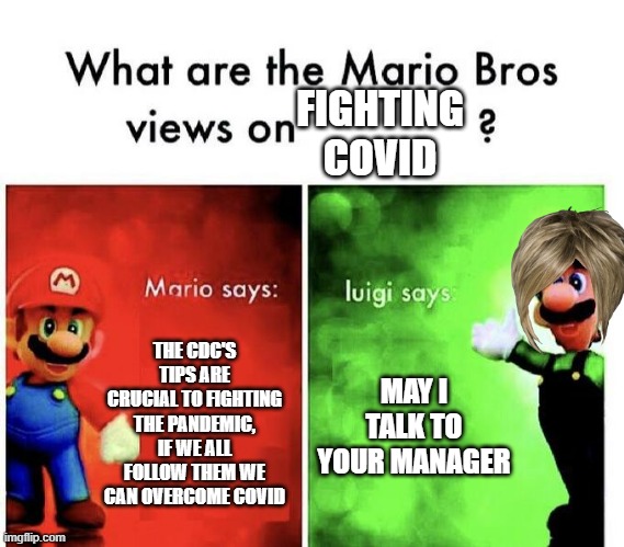 karens go BRRR | FIGHTING COVID; THE CDC'S TIPS ARE CRUCIAL TO FIGHTING THE PANDEMIC, IF WE ALL FOLLOW THEM WE CAN OVERCOME COVID; MAY I TALK TO YOUR MANAGER | image tagged in mario bros views,memes | made w/ Imgflip meme maker