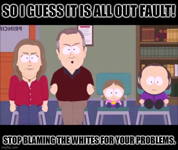 south park whites | SO I GUESS IT IS ALL OUT FAULT! STOP BLAMING THE WHITES FOR YOUR PROBLEMS. | image tagged in south park whites | made w/ Imgflip meme maker