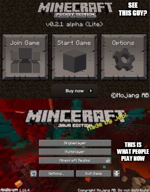 rip minecraft lite |  SEE THIS GUY? THIS IS WHAT PEOPLE PLAY NOW | image tagged in minecraft,lite,good times | made w/ Imgflip meme maker
