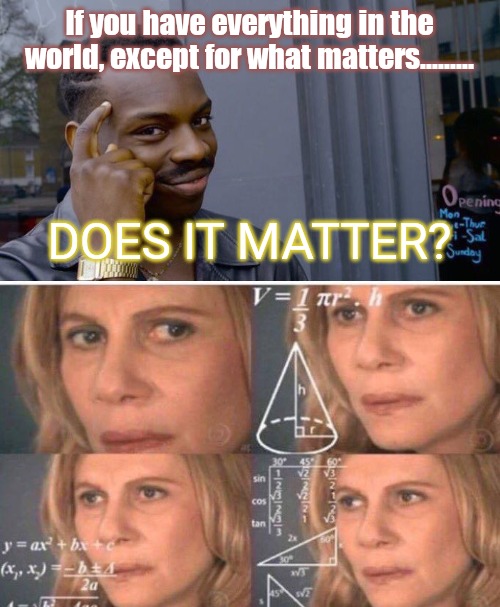 Best conundrum ever | If you have everything in the world, except for what matters......... DOES IT MATTER? | image tagged in memes,roll safe think about it,math lady/confused lady | made w/ Imgflip meme maker