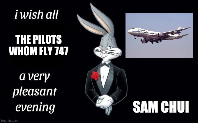 I wish all the X a very pleasant evening | THE PILOTS WHOM FLY 747; SAM CHUI | image tagged in i wish all the x a very pleasant evening | made w/ Imgflip meme maker