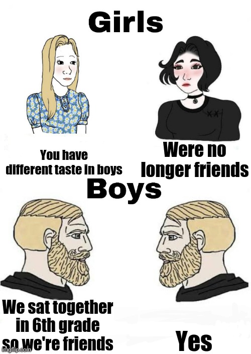 Girls vs Boys | You have different taste in boys; Were no longer friends; Yes; We sat together in 6th grade so we're friends | image tagged in girls vs boys | made w/ Imgflip meme maker