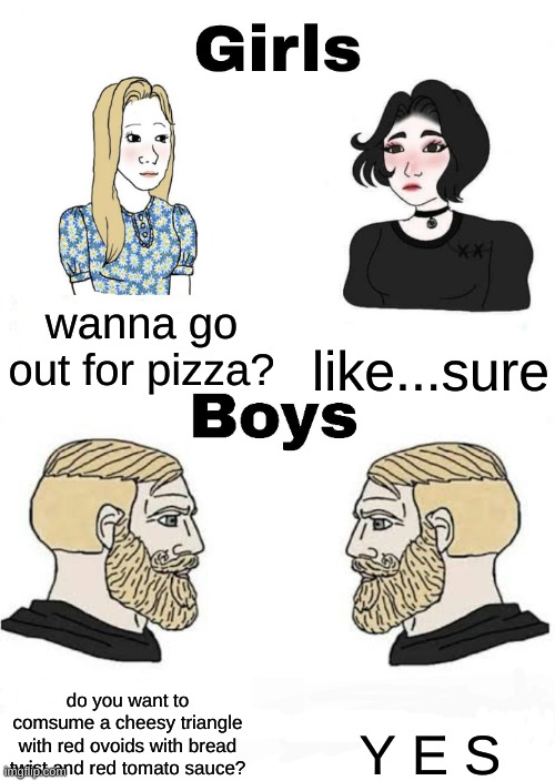 Girls vs Boys | wanna go out for pizza? like...sure; Y E S; do you want to comsume a cheesy triangle with red ovoids with bread twist and red tomato sauce? | image tagged in girls vs boys | made w/ Imgflip meme maker