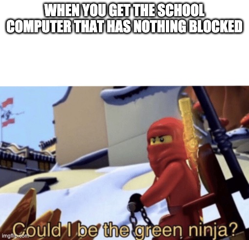 School computers |  WHEN YOU GET THE SCHOOL COMPUTER THAT HAS NOTHING BLOCKED | image tagged in could i be the green ninja | made w/ Imgflip meme maker