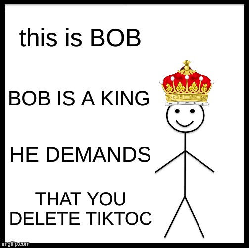 KING BOB | this is BOB; BOB IS A KING; HE DEMANDS; THAT YOU DELETE TIKTOC | image tagged in memes,be like bill | made w/ Imgflip meme maker