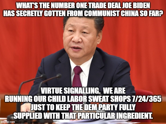 Communist China's Leadership | WHAT'S THE NUMBER ONE TRADE DEAL JOE BIDEN HAS SECRETLY GOTTEN FROM COMMUNIST CHINA SO FAR? VIRTUE SIGNALLING.  WE ARE RUNNING OUR CHILD LABOR SWEAT SHOPS 7/24/365 JUST TO KEEP THE DEM PARTY FULLY SUPPLIED WITH THAT PARTICULAR INGREDIENT. | image tagged in virtue signalling | made w/ Imgflip meme maker