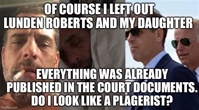 No Lunden Roberts in new book | OF COURSE I LEFT OUT LUNDEN ROBERTS AND MY DAUGHTER; EVERYTHING WAS ALREADY PUBLISHED IN THE COURT DOCUMENTS. DO I LOOK LIKE A PLAGERIST? | image tagged in hunter,joe biden,loser,cheat,liar | made w/ Imgflip meme maker