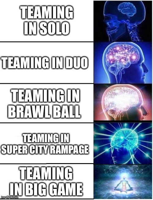 Expanding Brain 5 Panel | TEAMING IN SOLO; TEAMING IN DUO; TEAMING IN BRAWL BALL; TEAMING IN SUPER CITY RAMPAGE; TEAMING IN BIG GAME | image tagged in expanding brain 5 panel | made w/ Imgflip meme maker